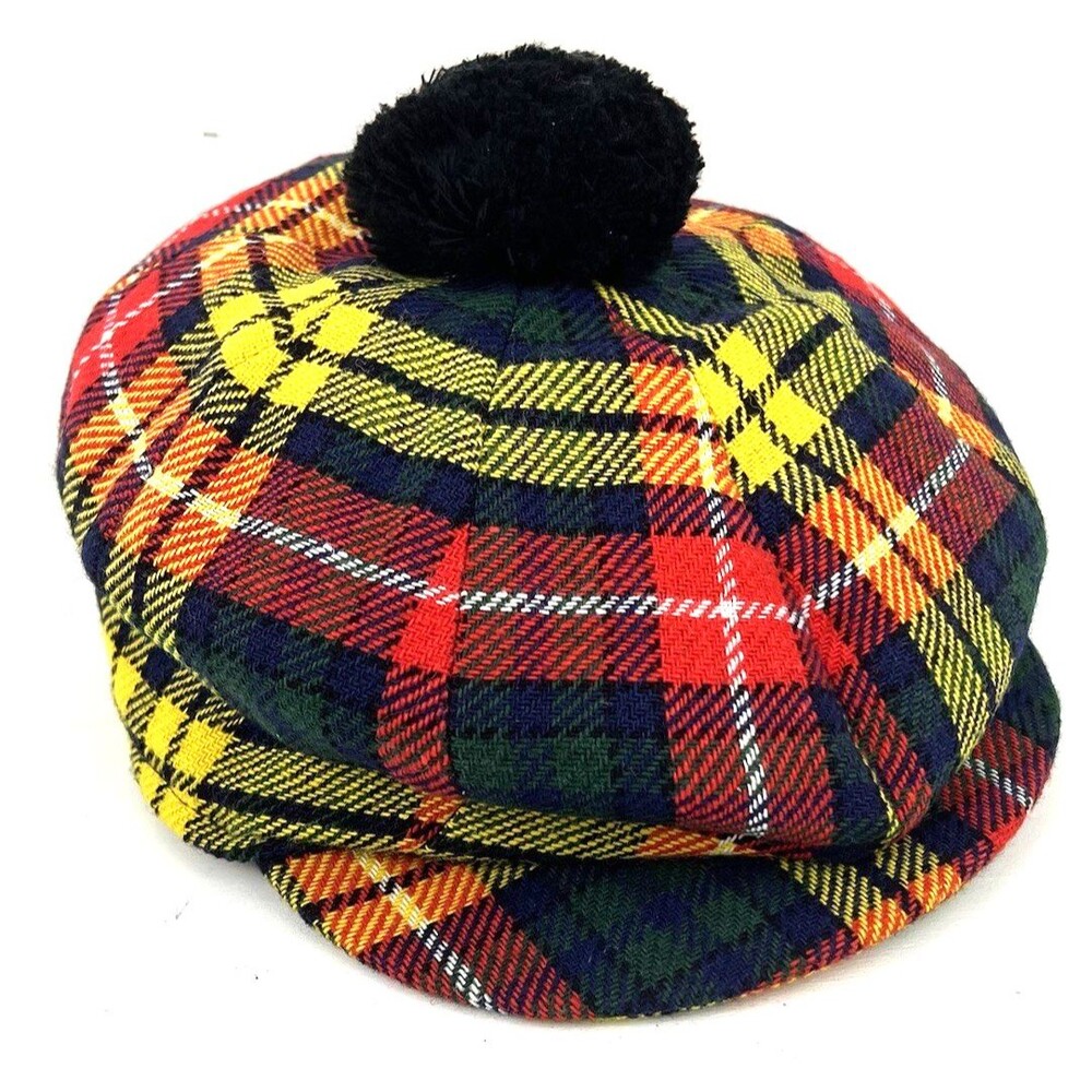 VTG Glen Appin Scotland Puff Ball Flat Buchanan Cap Red Wool Blend Tartan Sz M